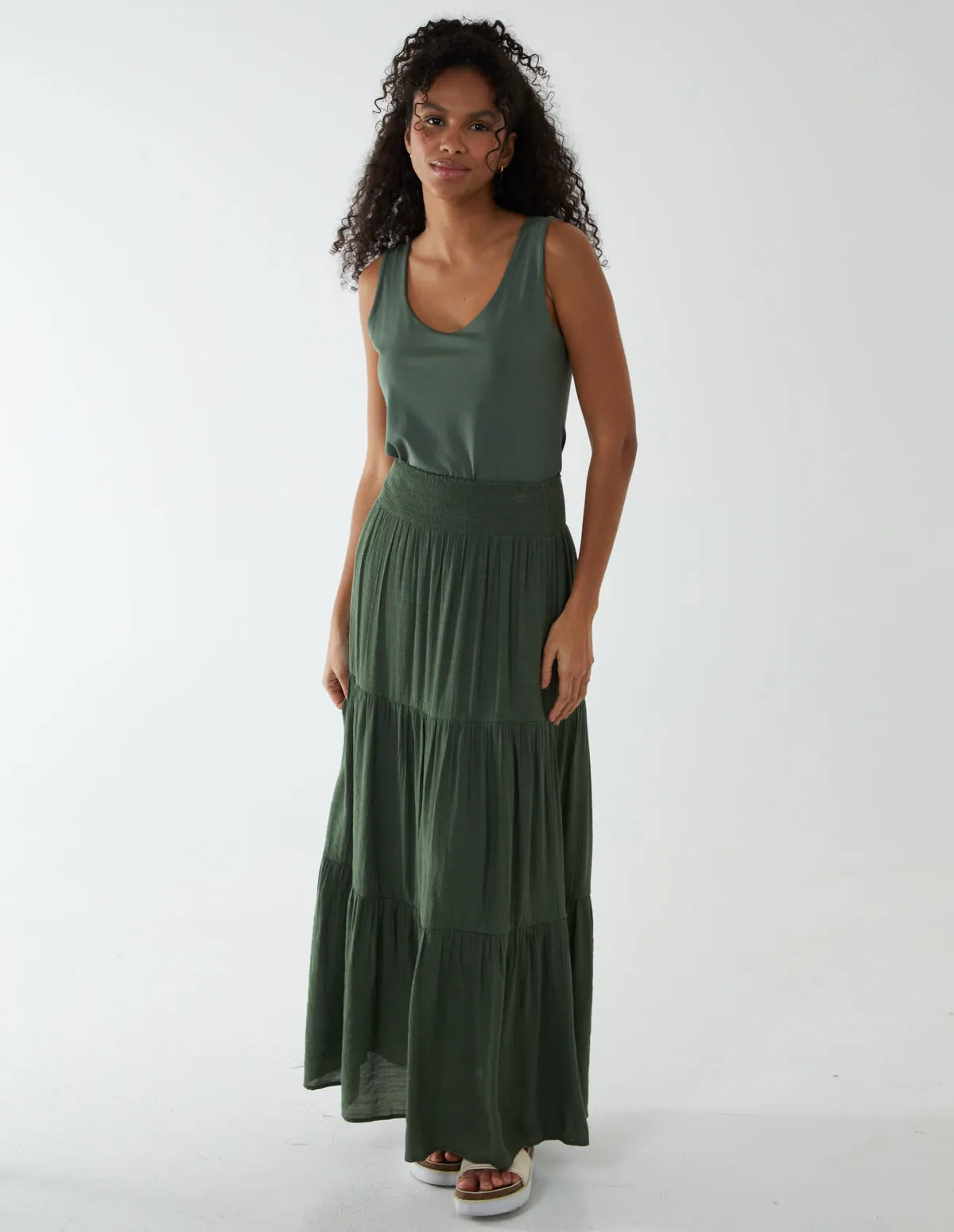 Shirring Waist Tiered Maxi Skirt sold by Blue Vanilla