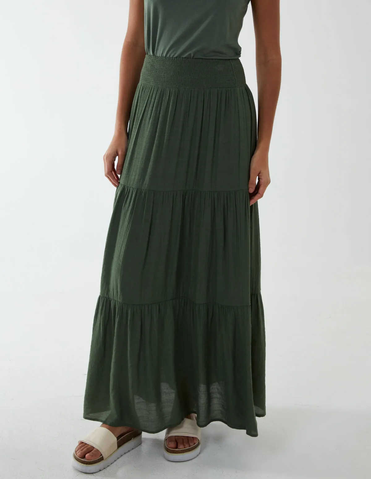 Shirring Waist Tiered Maxi Skirt sold by Blue Vanilla product image thumbnail 4