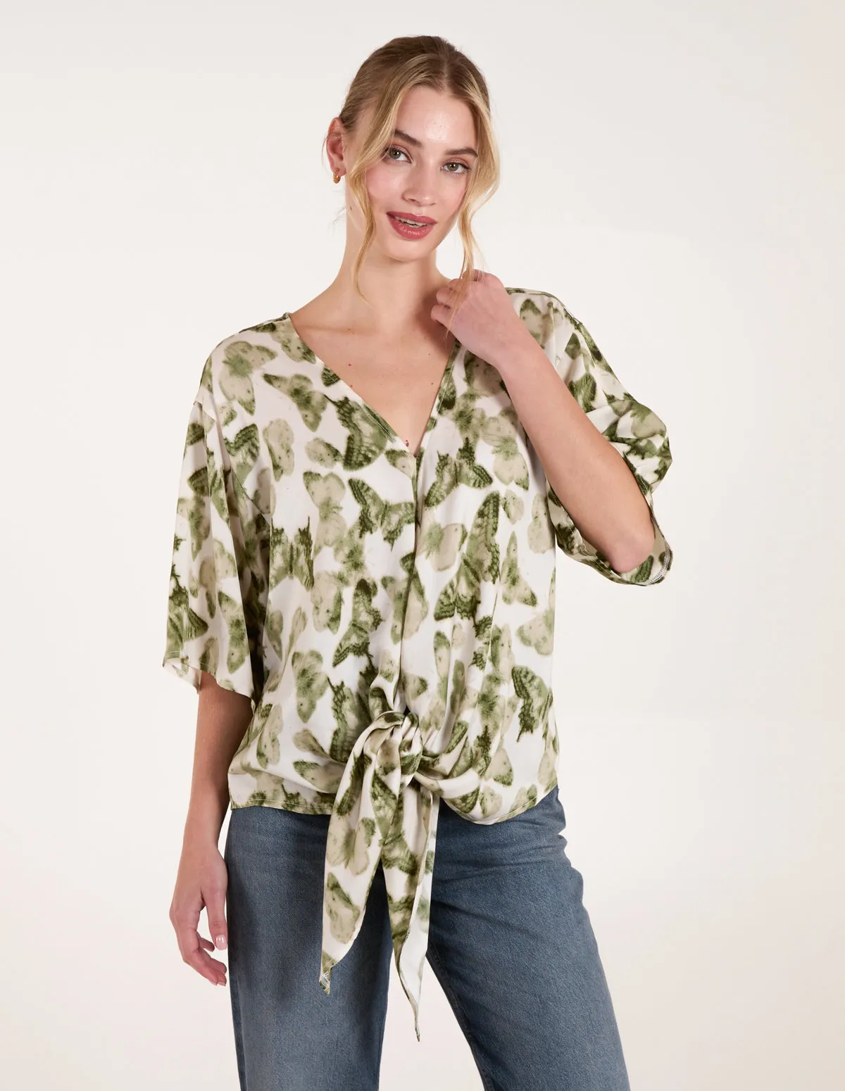 Tie Front Watercolour Butterfly Printed Top sold by Blue Vanilla