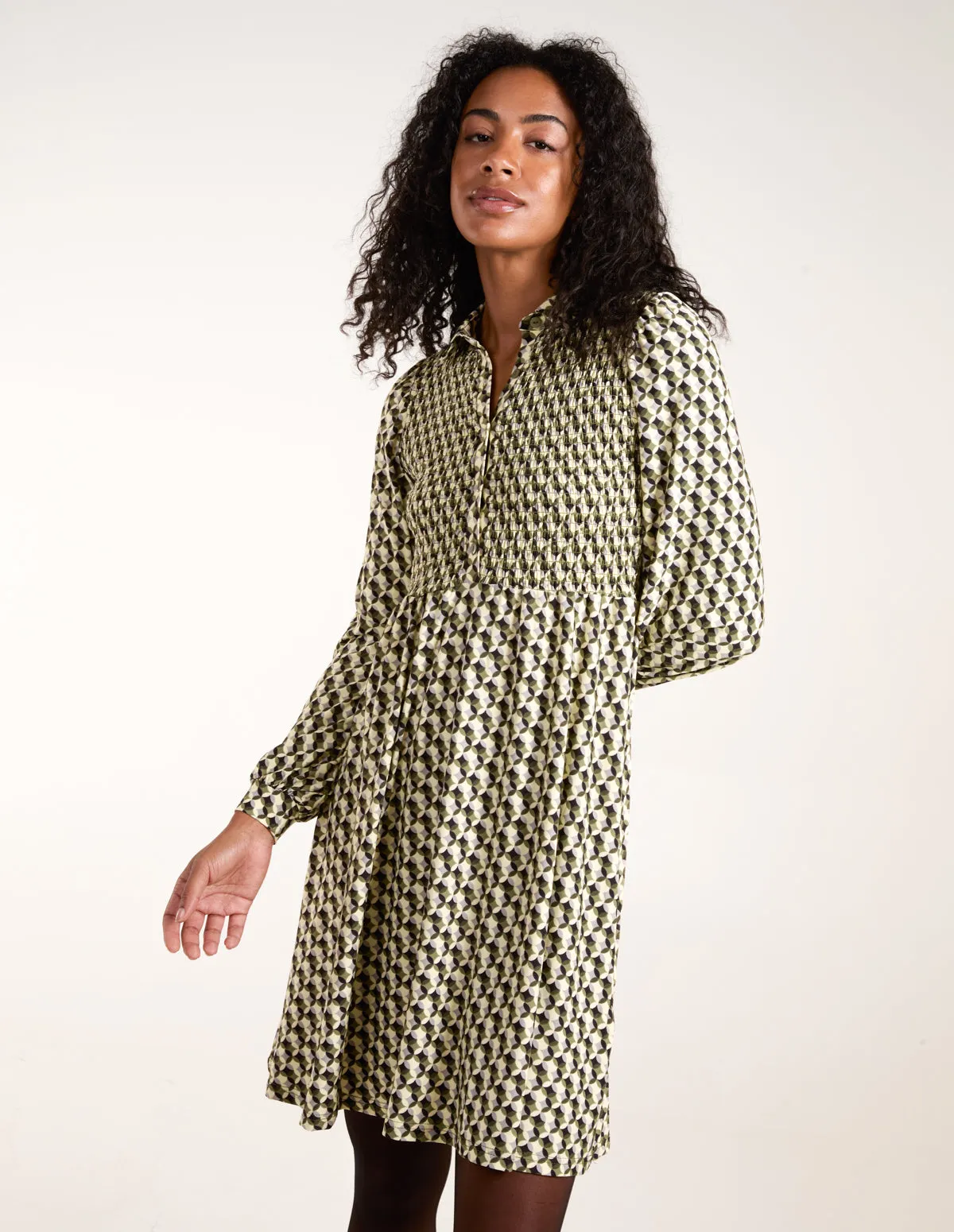 Geometric Shirred Mini Shirt Dress sold by Blue Vanilla