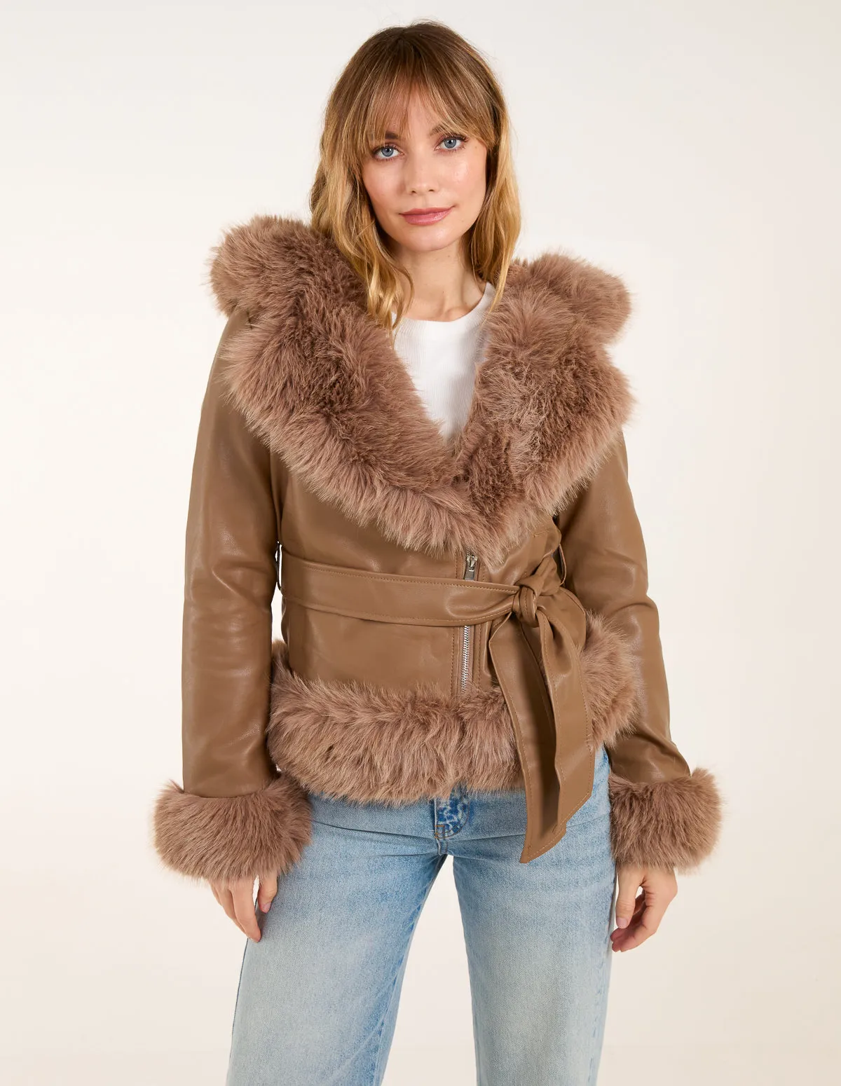Hooded Zip Faux Fur Cropped PU Jacket sold by Blue Vanilla