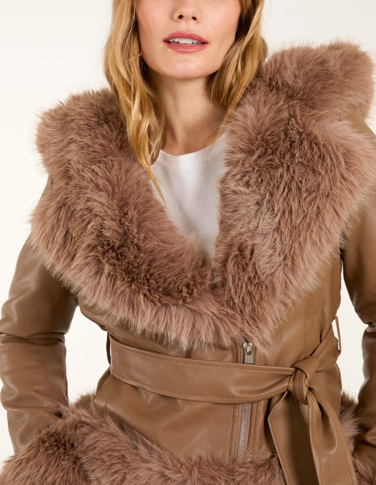 Hooded Zip Faux Fur Cropped PU Jacket sold by Blue Vanilla product image thumbnail 3
