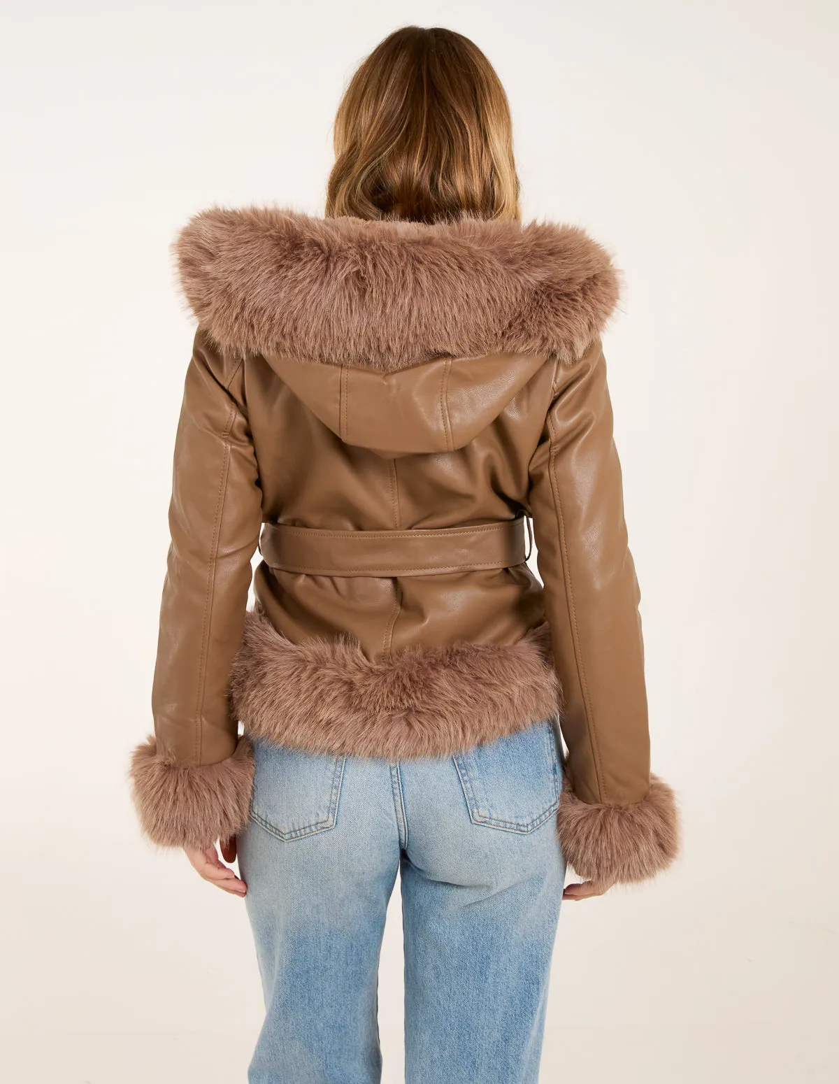 Hooded Zip Faux Fur Cropped PU Jacket sold by Blue Vanilla product image thumbnail 4