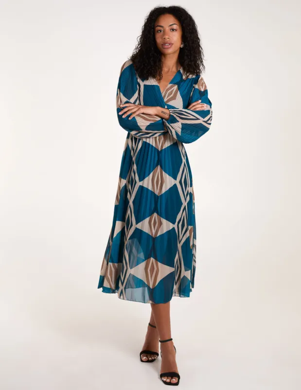 Wrap Front Pleated Geometric Midi Dress sold by Blue Vanilla
