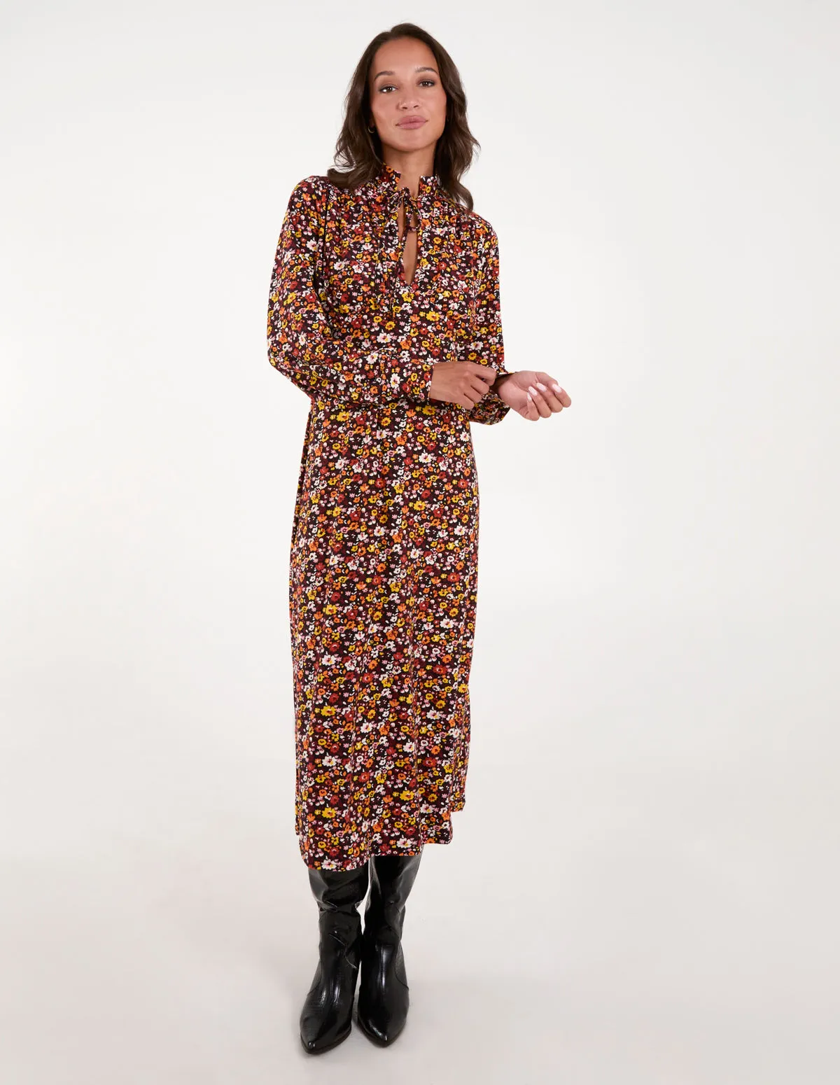 Deep V Keyhole Tie Up High Neck Midi Dress sold by Blue Vanilla