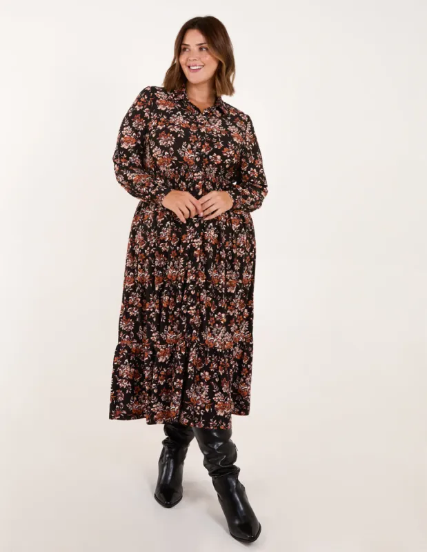Curve Shirred Waist Floral Printed Midi Shirt Dress sold by Blue Vanilla