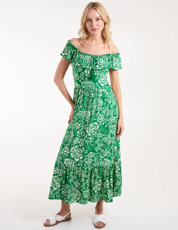 Elasticated Bardot Printed Maxi Dress sold by Blue Vanilla