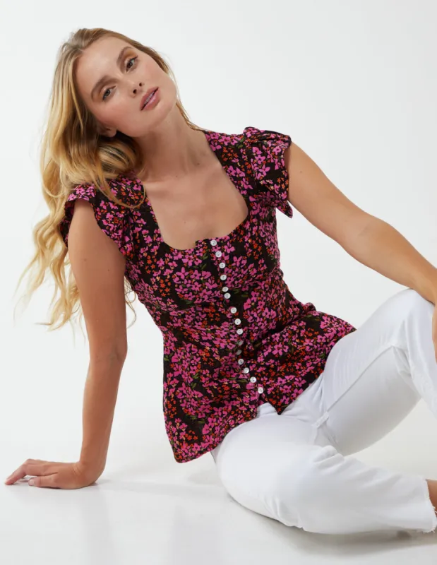 Milkmaid Button Front Floral Peplum Top sold by Blue Vanilla