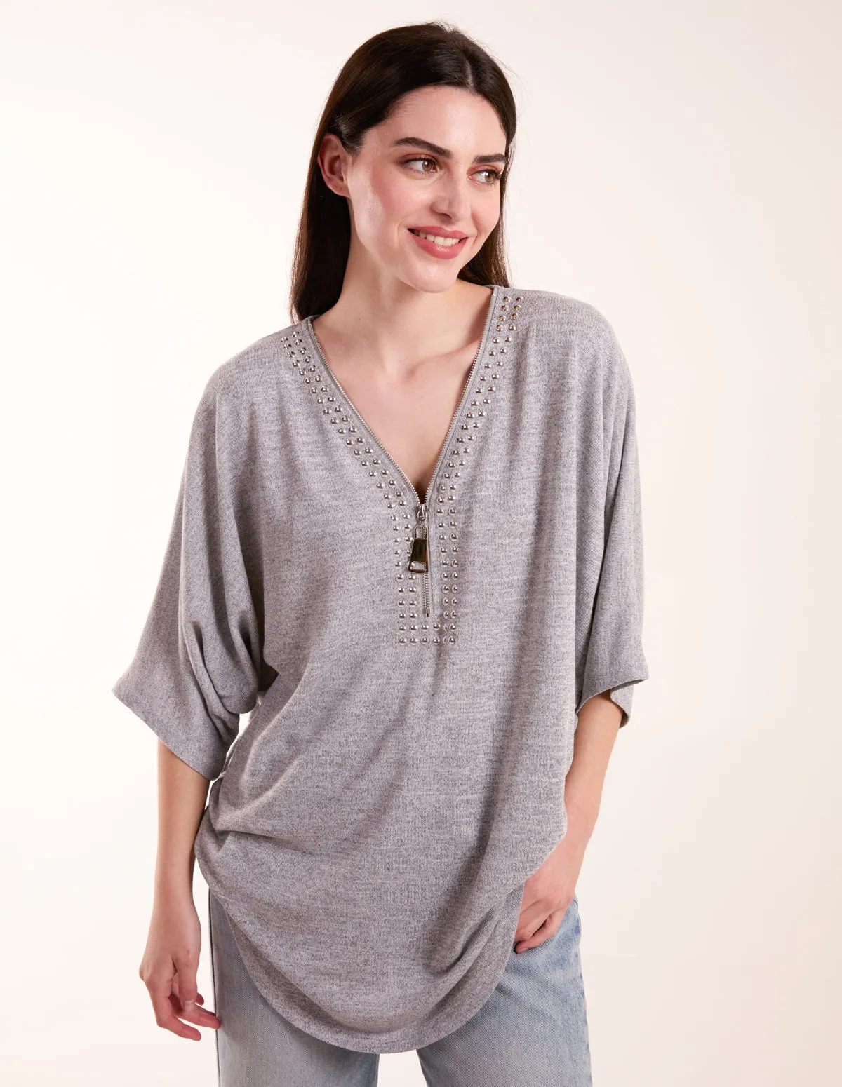 Studded Half Zip Front Top sold by Blue Vanilla