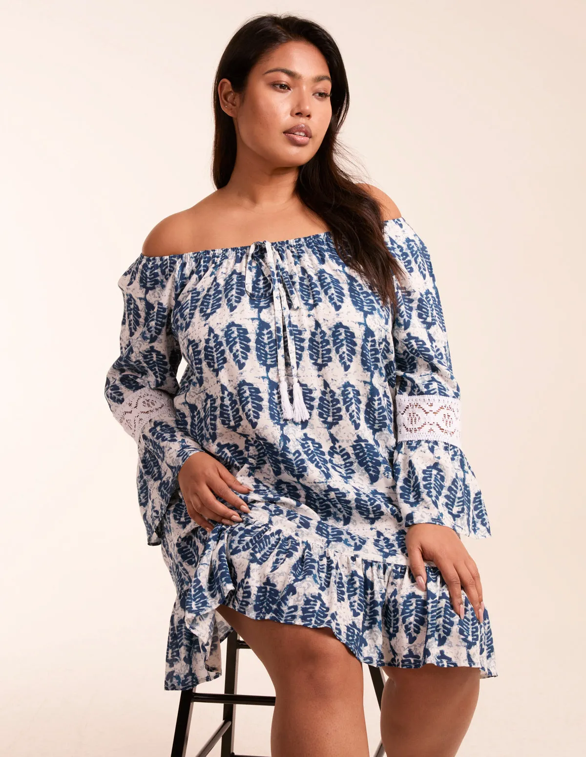 Curve Leaf Print Elasticated Bardot Neck Tunic Dress sold by Blue Vanilla product image thumbnail 4