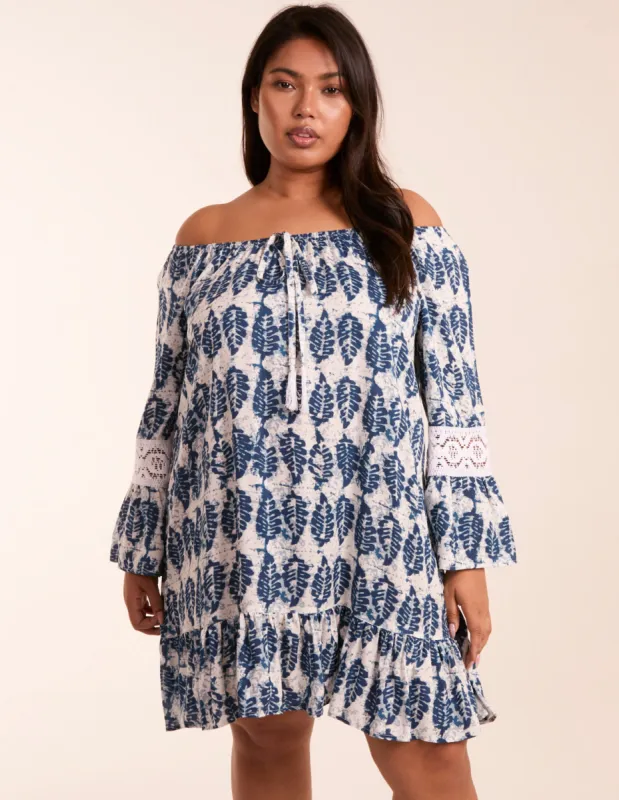 Curve Leaf Print Elasticated Bardot Neck Tunic Dress sold by Blue Vanilla