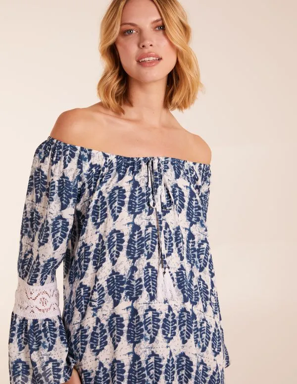 Leaf Print Elasticated Bardot Neck Tunic Dress sold by Blue Vanilla product image thumbnail 2