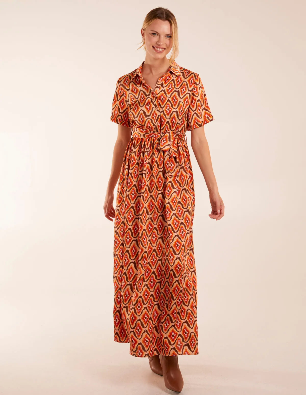 Geometric Belted Maxi Shirt Dress sold by Blue Vanilla
