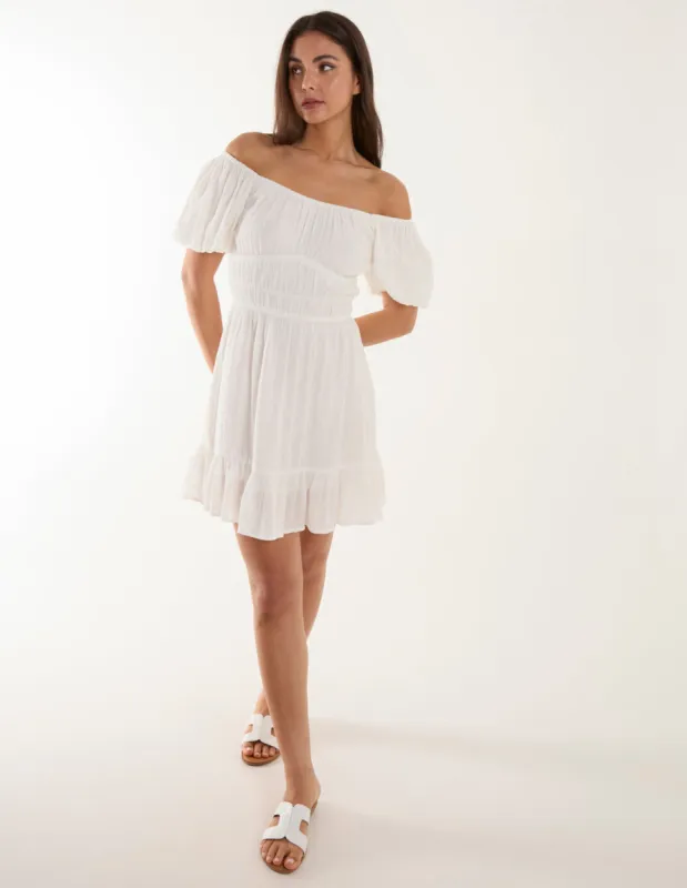 Puff Ball Bardot Mini Dress sold by Blue Vanilla