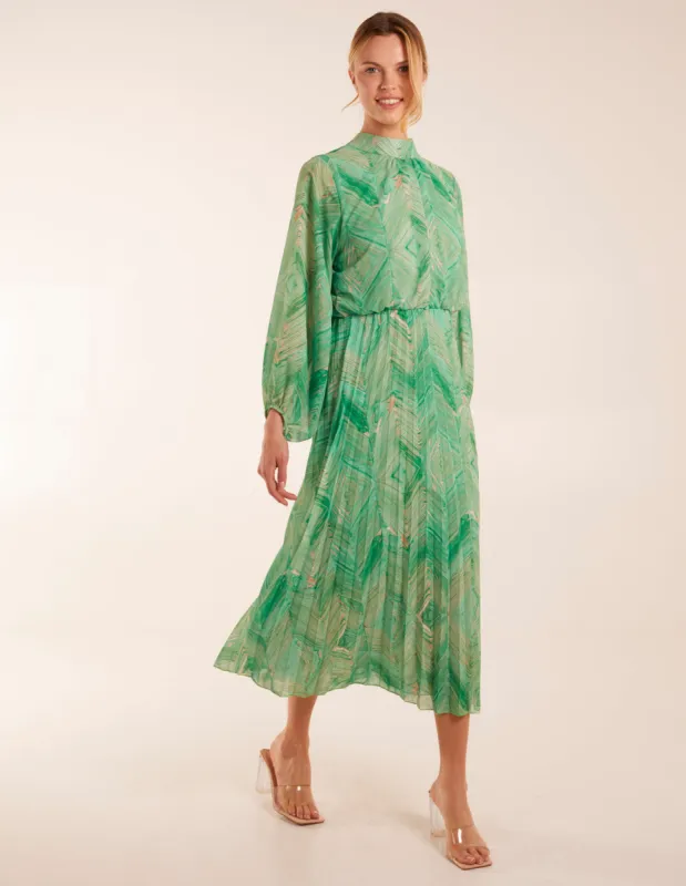 Diamond Aztec High Neck Pleated Midi Dress sold by Blue Vanilla