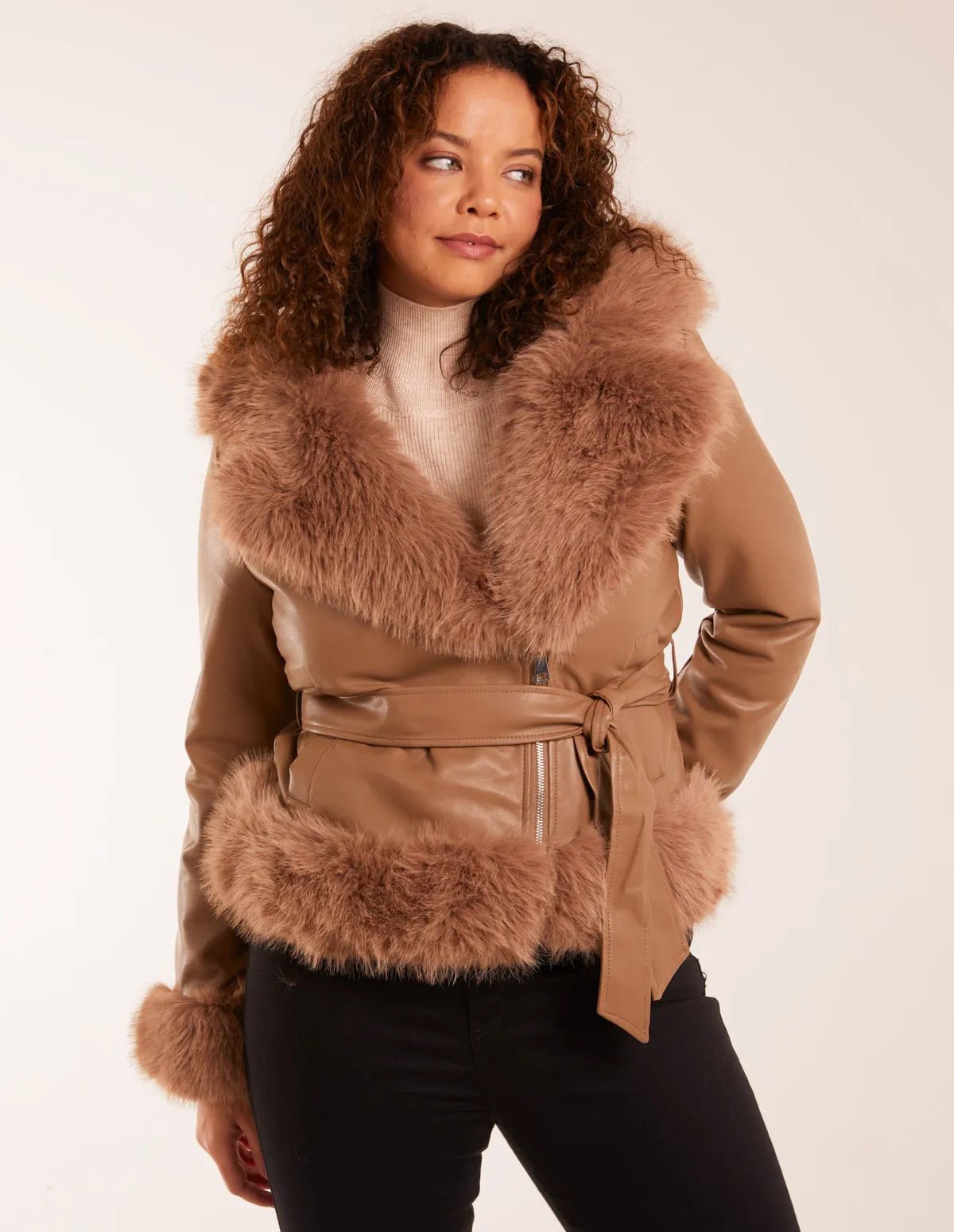 Hooded Faux Fur Cropped PU Jacket sold by Blue Vanilla