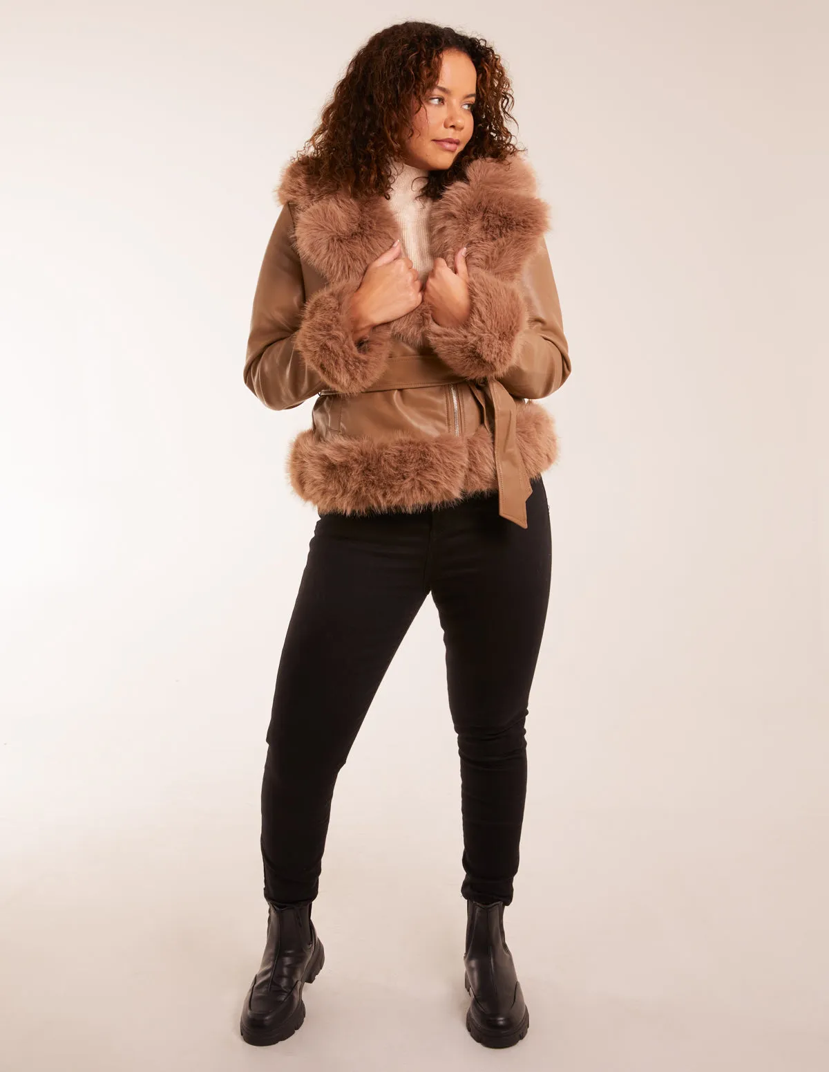 Hooded Faux Fur Cropped PU Jacket sold by Blue Vanilla product image thumbnail 3