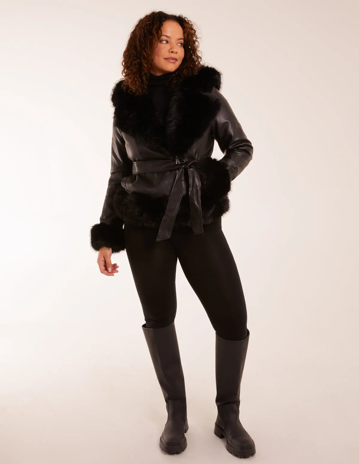 Hooded Faux Fur Cropped PU Jacket sold by Blue Vanilla product image thumbnail 2