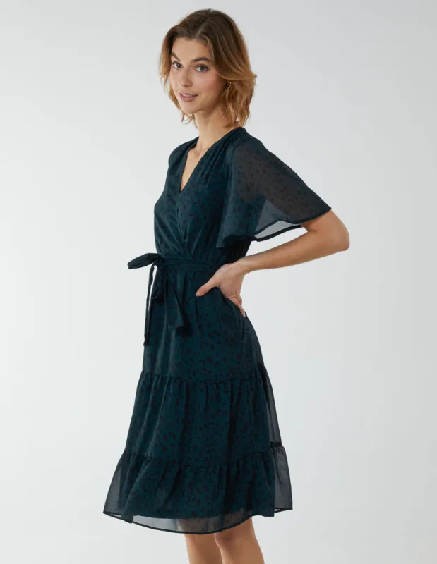 Flutter Sleeve Leopard Wrap Front Belted Dress sold by Blue Vanilla