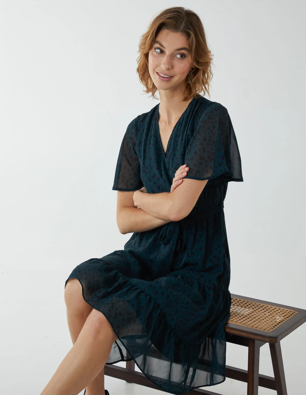 Flutter Sleeve Leopard Wrap Front Belted Dress sold by Blue Vanilla product image thumbnail 3