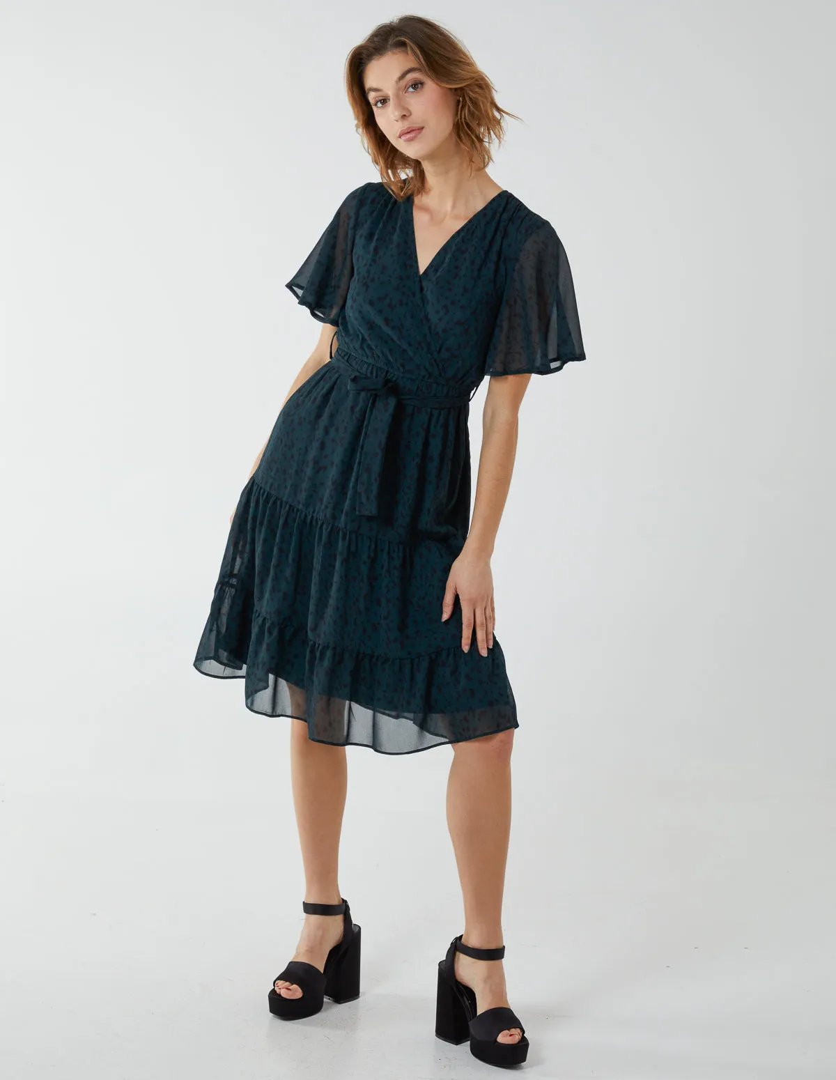 Flutter Sleeve Leopard Wrap Front Belted Dress sold by Blue Vanilla product image thumbnail 4