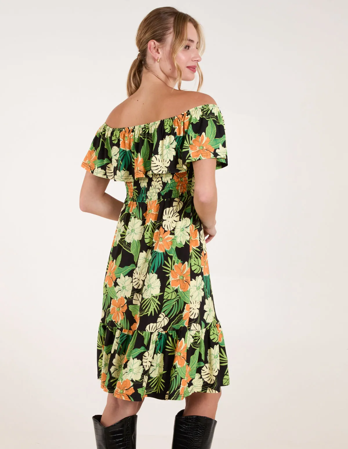 Tropical Shirred Waist Bardot Mini Dress sold by Blue Vanilla product image thumbnail 4