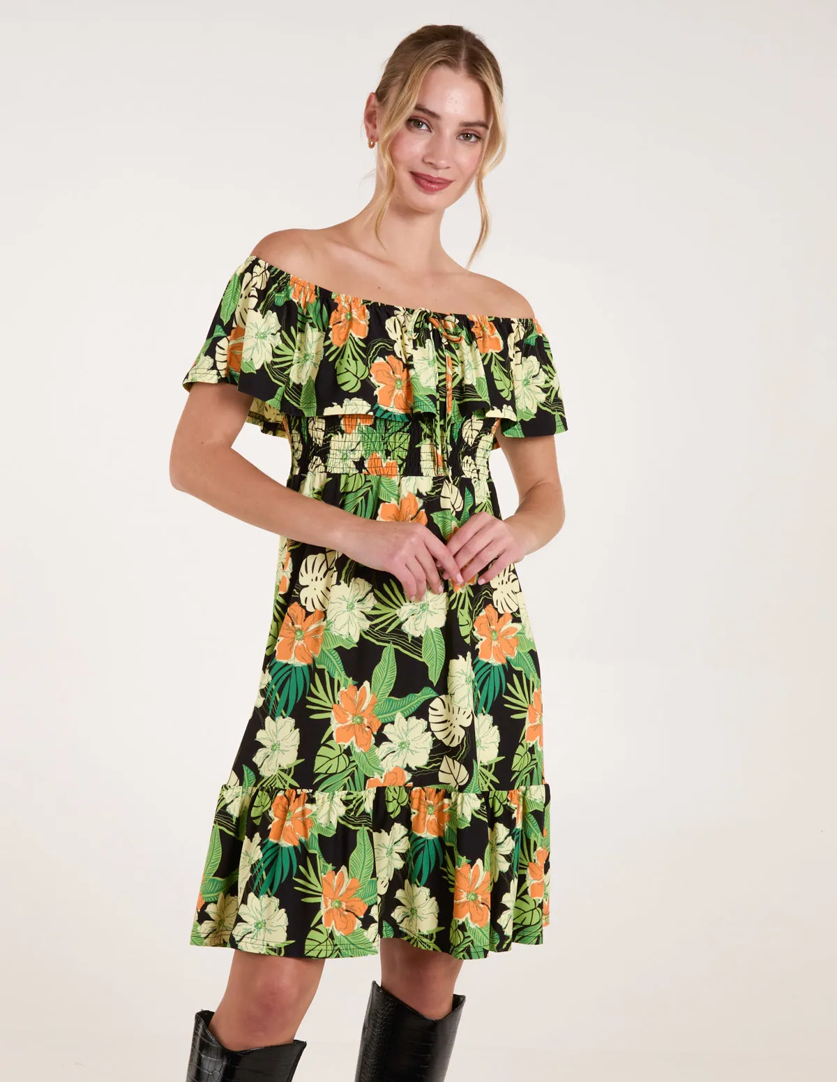 Tropical Shirred Waist Bardot Mini Dress sold by Blue Vanilla