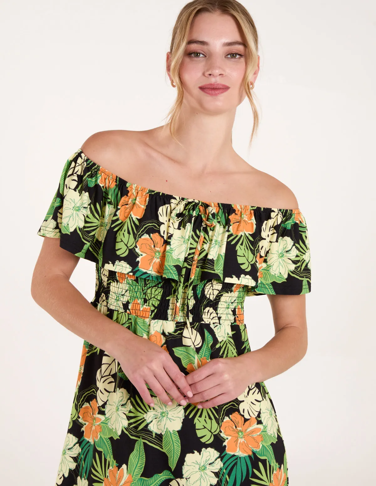 Tropical Shirred Waist Bardot Mini Dress sold by Blue Vanilla product image thumbnail 2