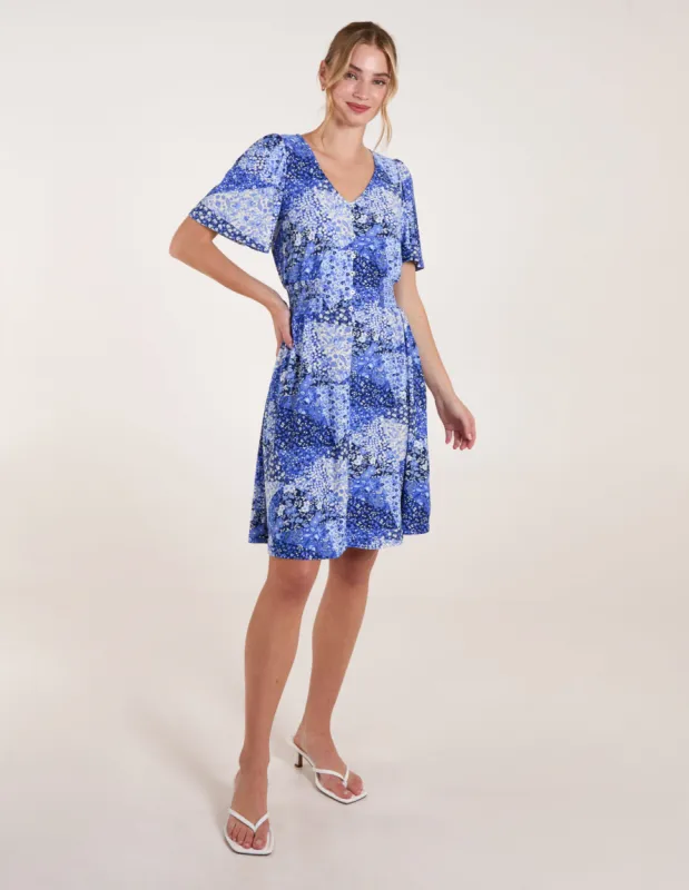 Shirred Waist Button Front Patchwork Mini Dress sold by Blue Vanilla