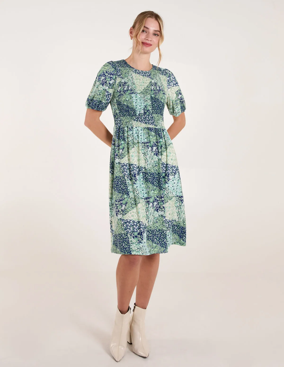 Shirred Bust Puff Sleeve Patchwork Mini Dress sold by Blue Vanilla product image thumbnail 2