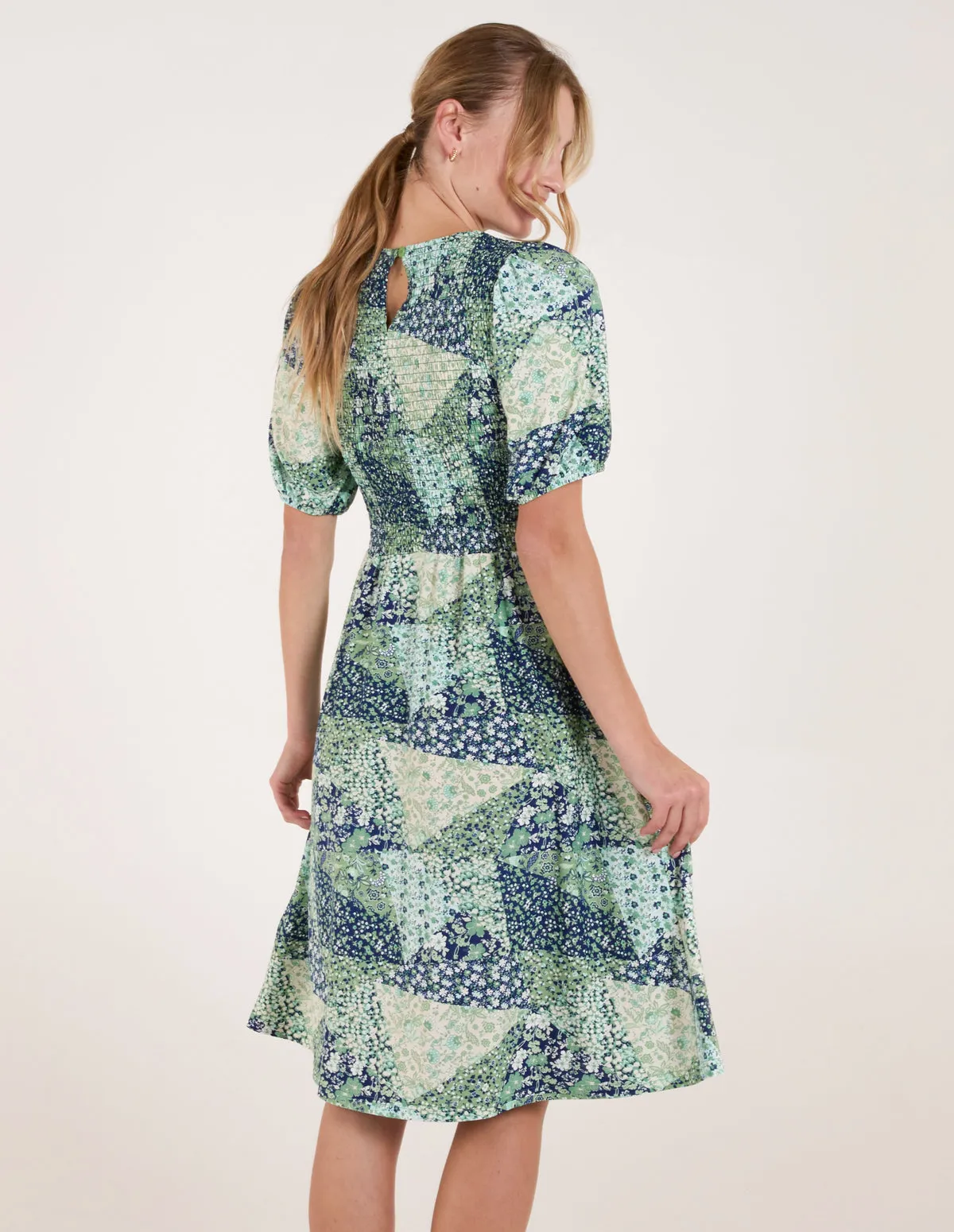 Shirred Bust Puff Sleeve Patchwork Mini Dress sold by Blue Vanilla product image thumbnail 4