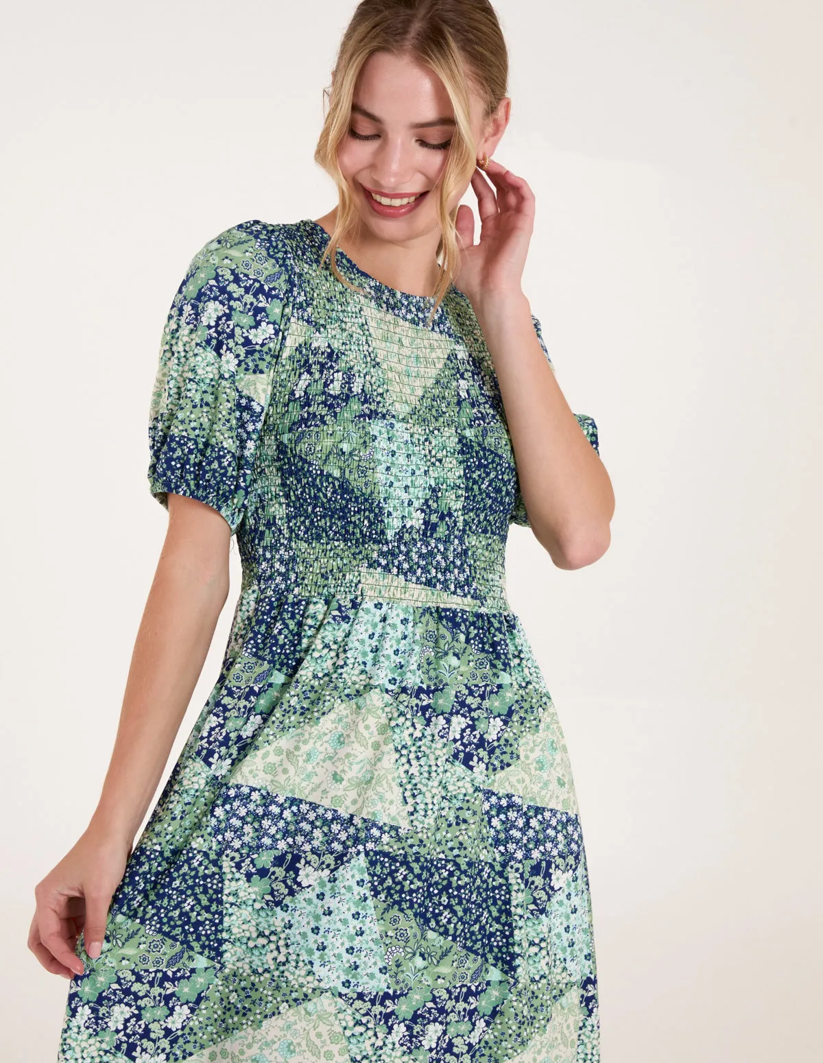 Shirred Bust Puff Sleeve Patchwork Mini Dress sold by Blue Vanilla