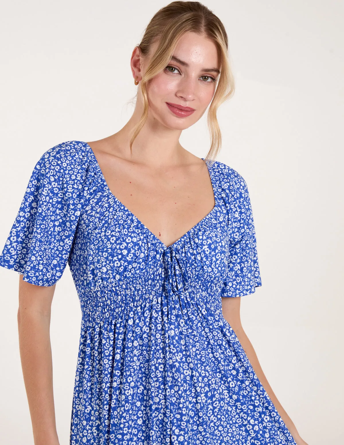 Ditsy Floral Tie Front Shirred Waist Midi Dress sold by Blue Vanilla product image thumbnail 2