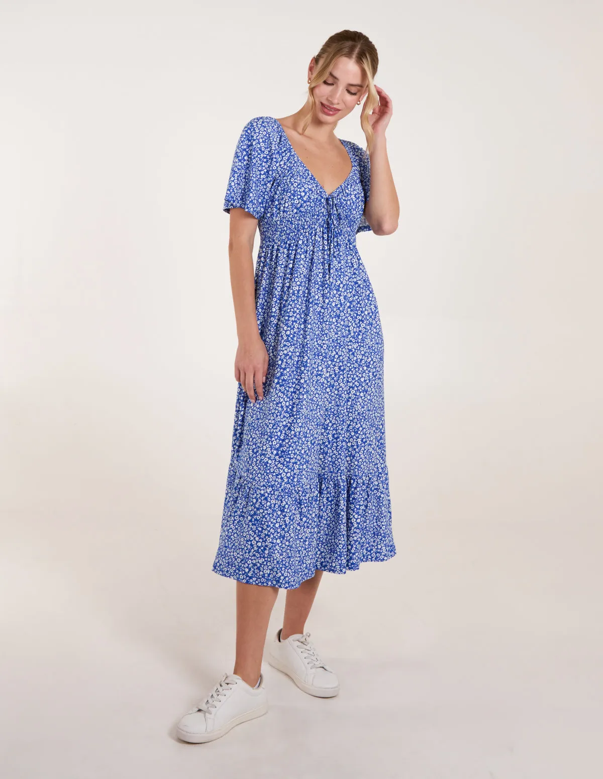 Ditsy Floral Tie Front Shirred Waist Midi Dress sold by Blue Vanilla product image thumbnail 3