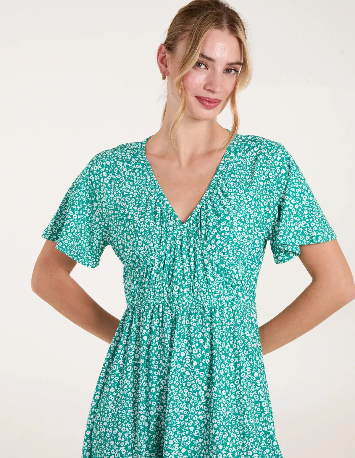 Ditsy Printed Angel Sleeve Elasticated V Neck Dress sold by Blue Vanilla product image thumbnail 2