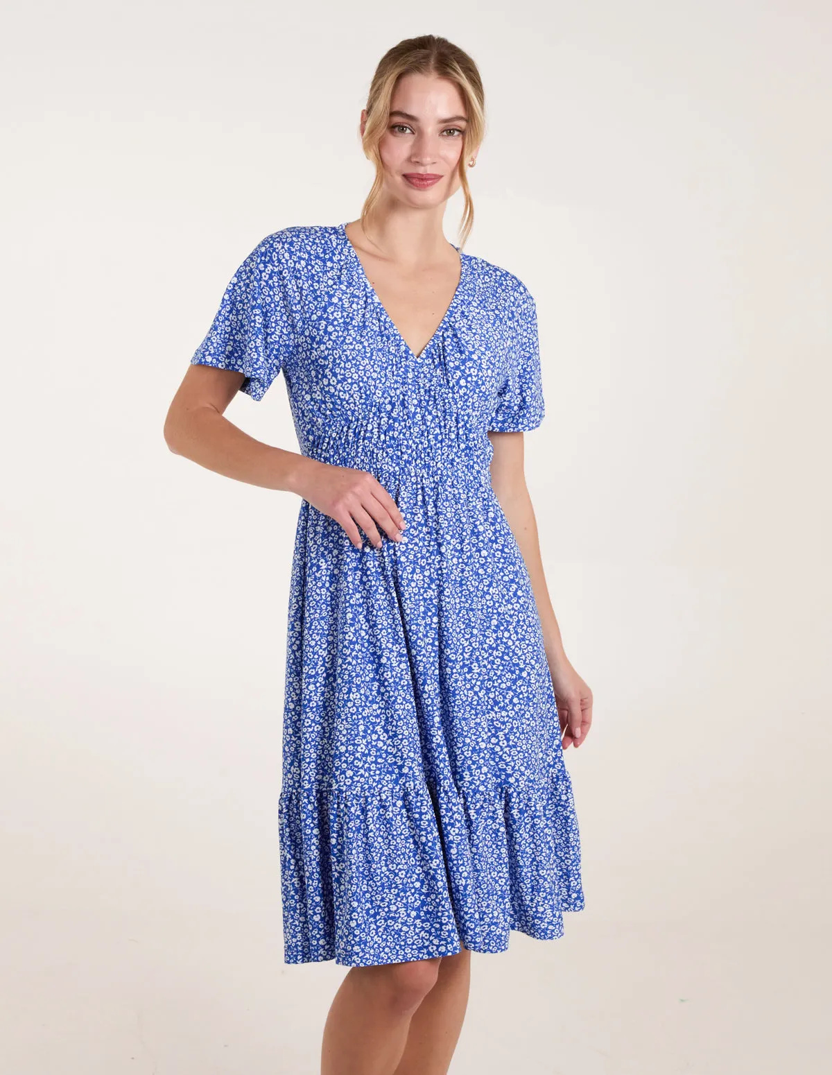 Ditsy Printed Angel Sleeve Elasticated V Neck Dress sold by Blue Vanilla