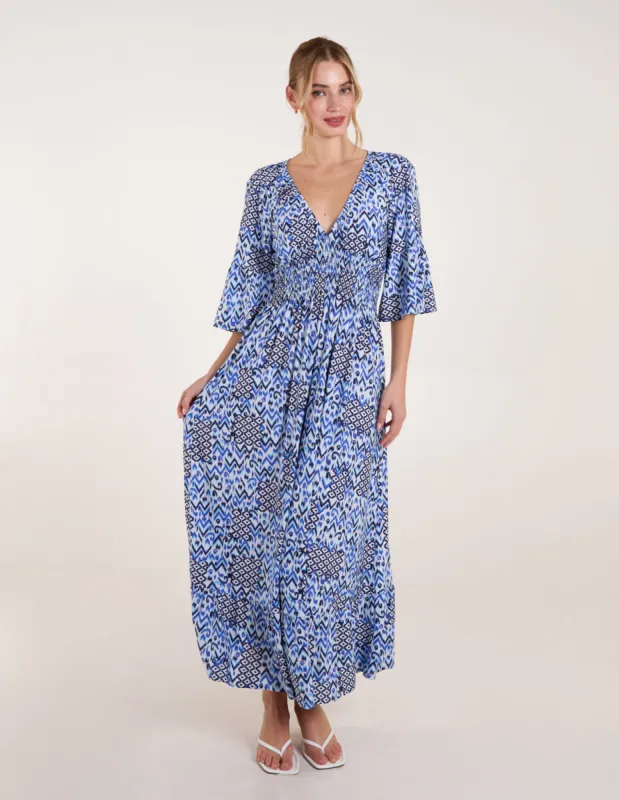 Abstract Elasticated Neck Shirred Waist Maxi Dress sold by Blue Vanilla