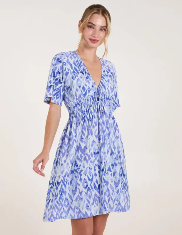 Abstract Shirred Waist V Neck Dress made by Blue Vanilla