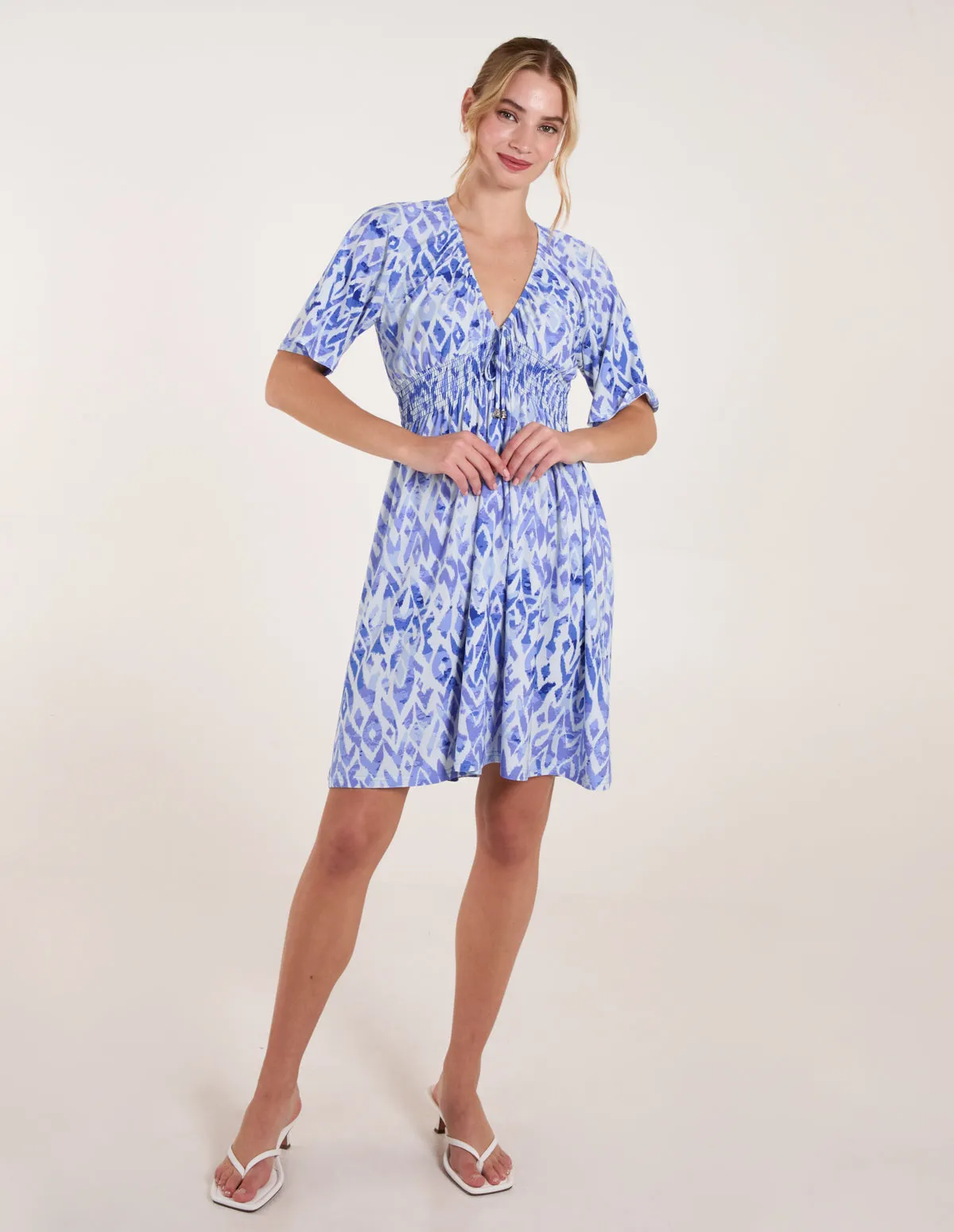 Abstract Shirred Waist V Neck Dress sold by Blue Vanilla product image thumbnail 3
