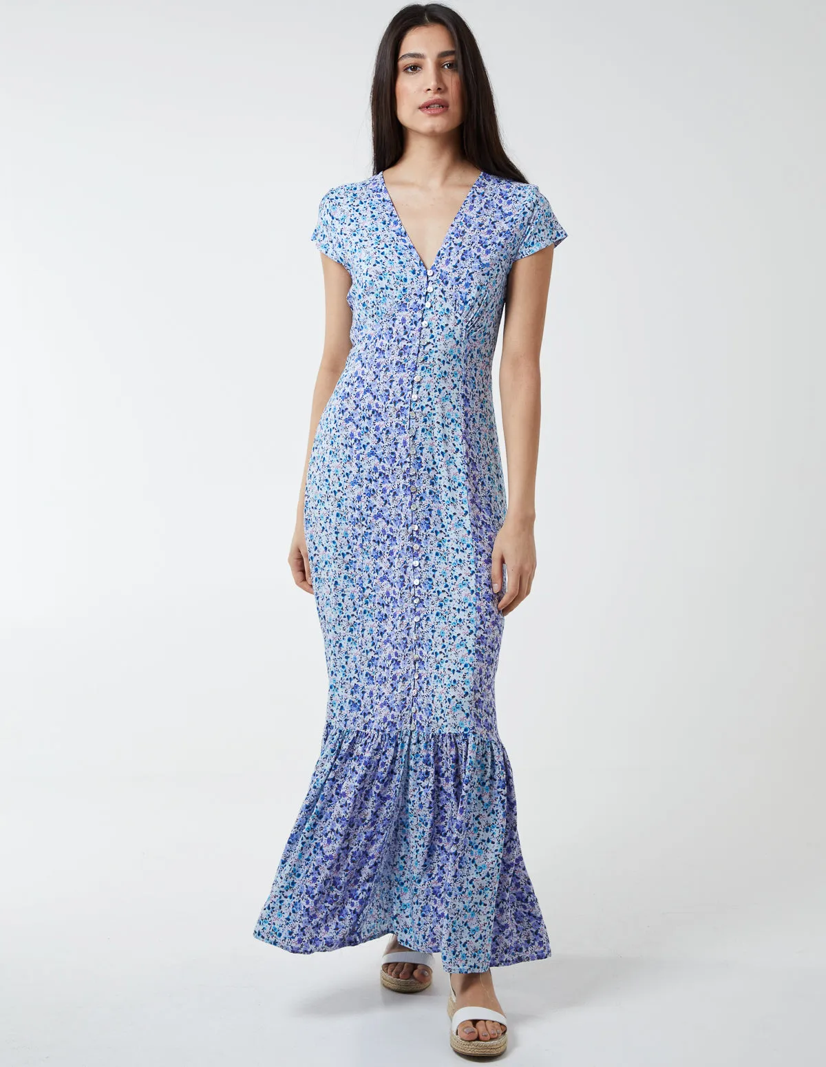 Ditsy Print Cap Sleeves Button Front Midi Dress sold by Blue Vanilla product image thumbnail 3