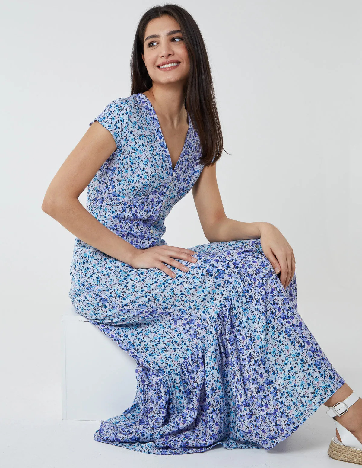 Ditsy Print Cap Sleeves Button Front Midi Dress sold by Blue Vanilla product image thumbnail 2