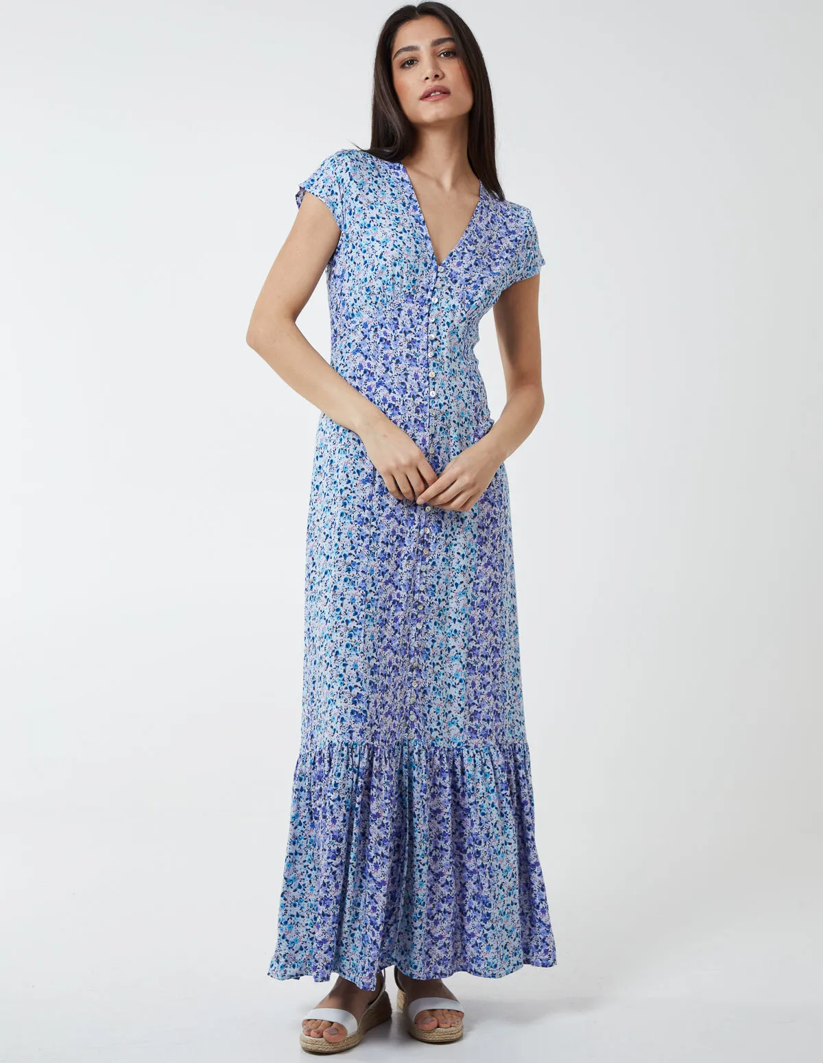 Ditsy Print Cap Sleeves Button Front Midi Dress sold by Blue Vanilla