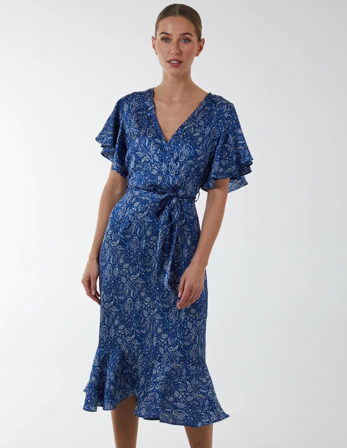 Paisley Wrap Ruffle Tiered Midi Dress sold by Blue Vanilla