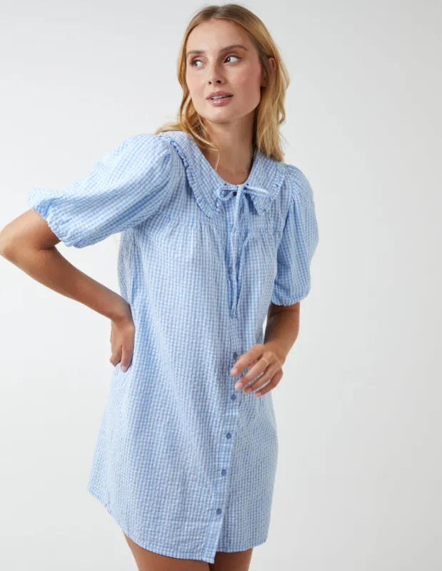 Gingham Shirt Dress With Plunge Ruffle sold by Blue Vanilla