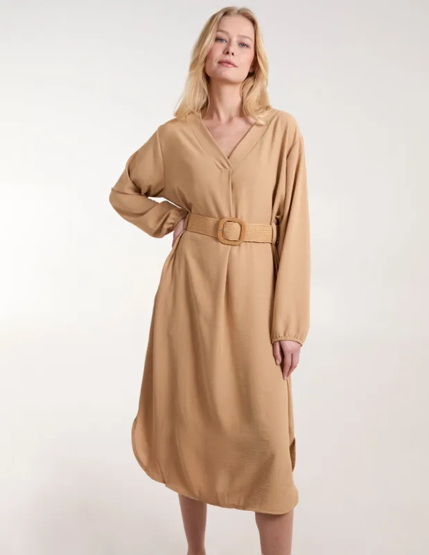 V Neck Long Sleeve Dress With Woven Belt sold by Blue Vanilla