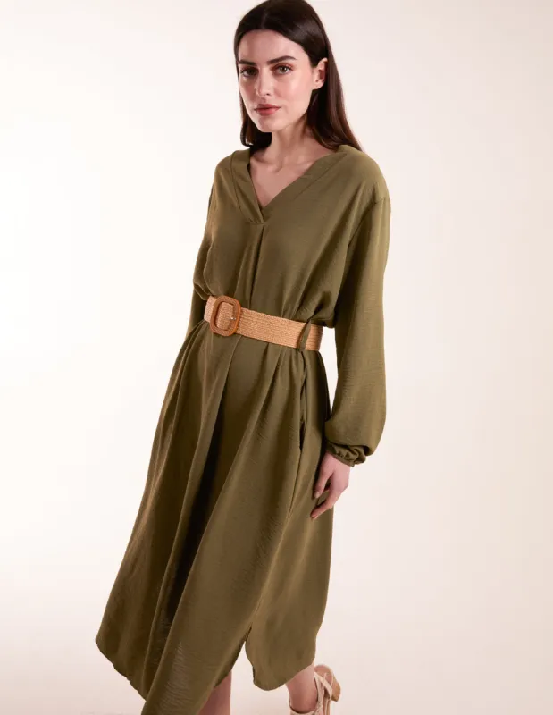 V Neck Long Sleeve Dress With Woven Belt sold by Blue Vanilla