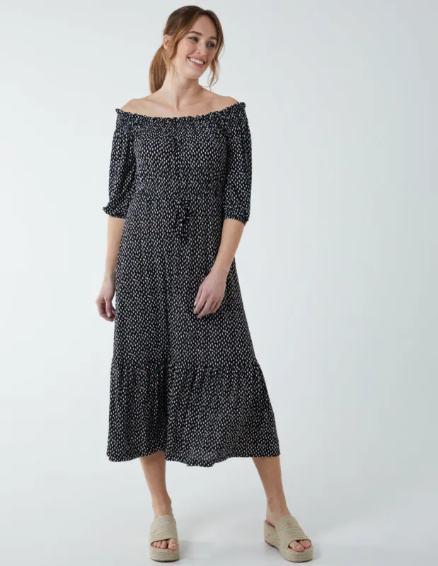 Polka Dot Off Shoulder Bardot Shirring Elastic Midi Dress sold by Blue Vanilla