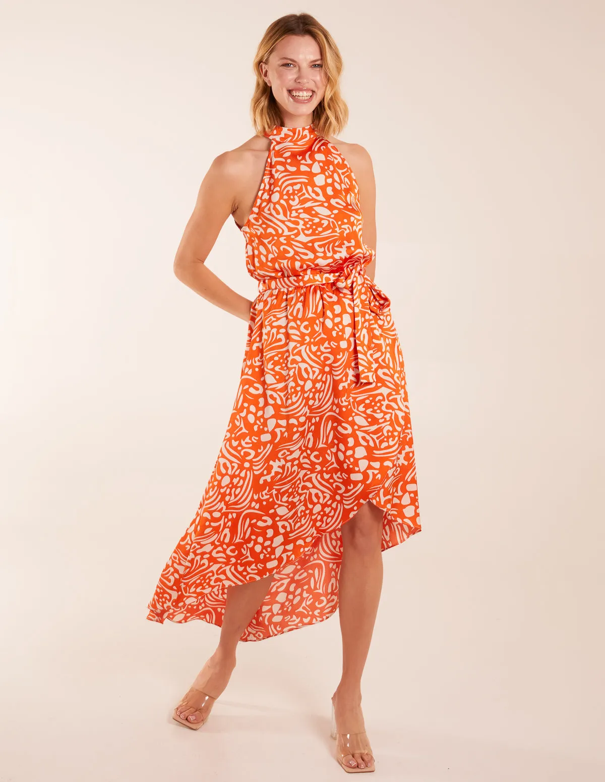 Abstract Print Halter Neck High Low Midi Wrap Dress sold by Blue Vanilla