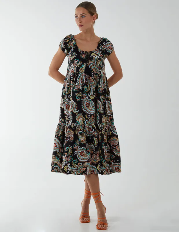 Paisley Scoop Neck Milkmaid Midi Dress sold by Blue Vanilla