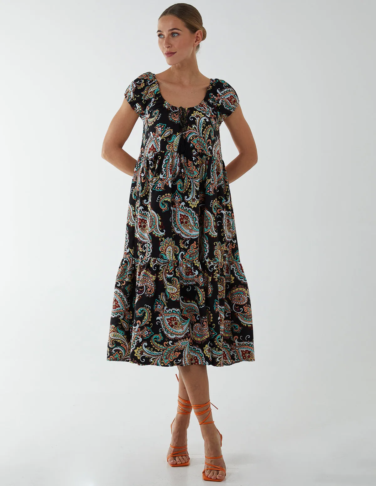 Paisley Scoop Neck Milkmaid Midi Dress sold by Blue Vanilla